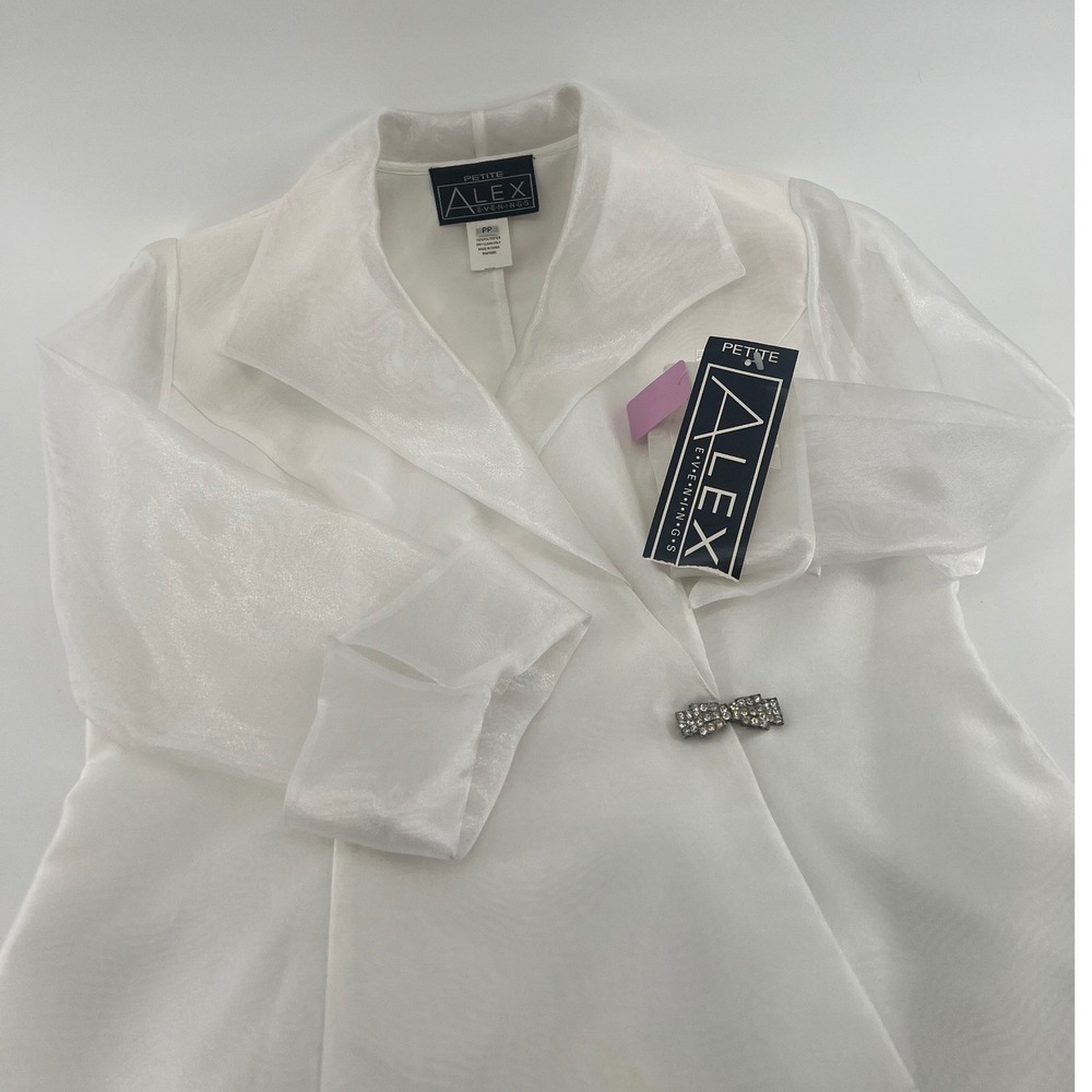 Fairy Alex Evenings Petite White Sheer Organza Evening Jacket Rhinestone Bow